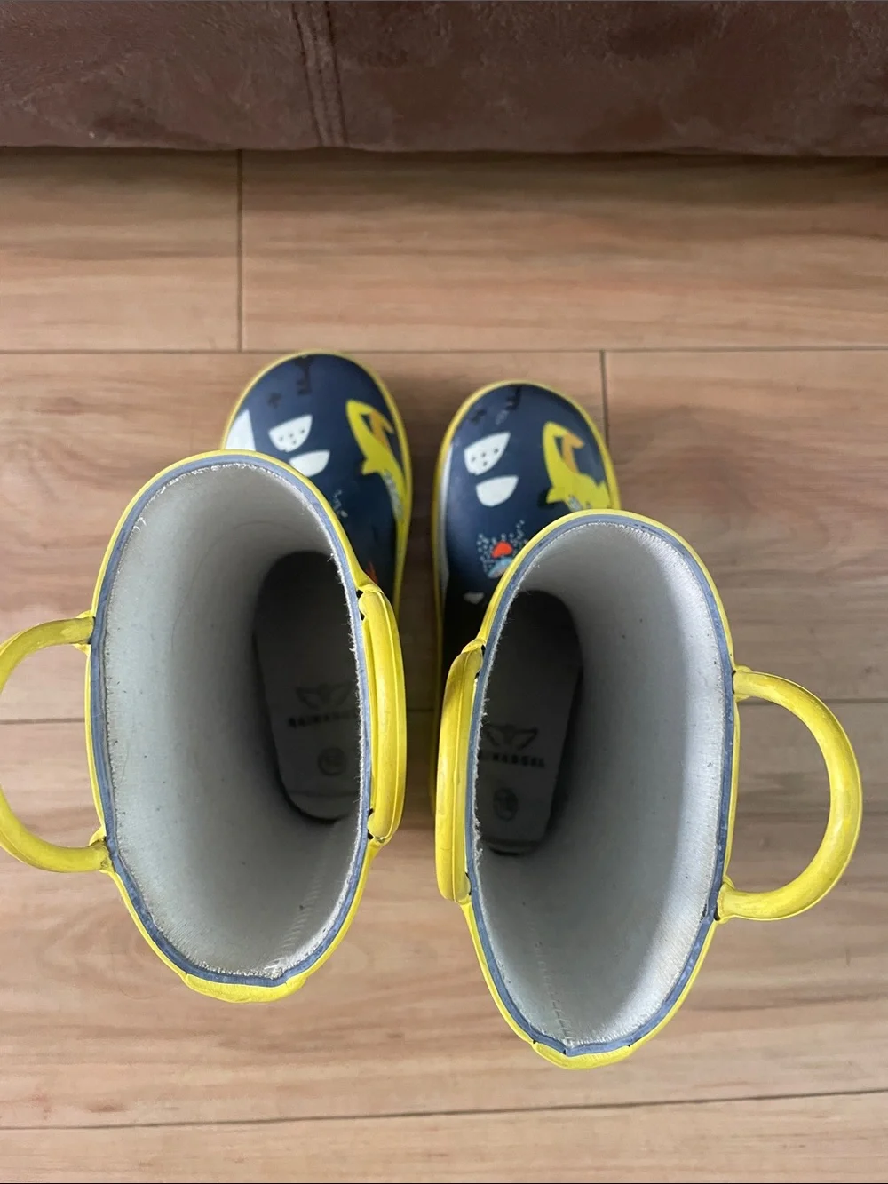Kids Navy and Yellow Dinosaur Rain Boots with Easy Pull Handles